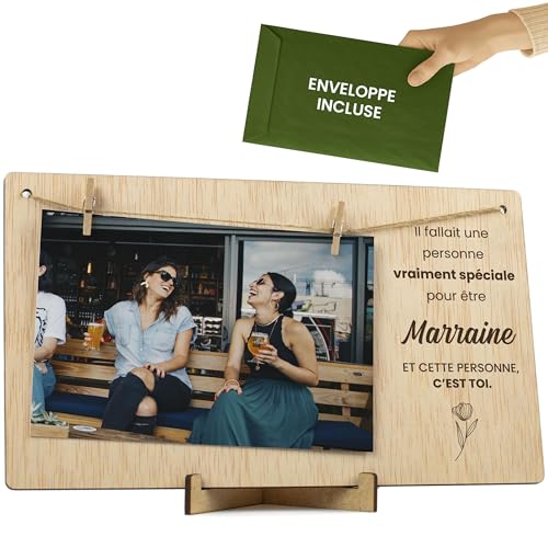 CONTRAXT Cadeau original Veux-tu être ma marraine. Cadre photo en bois avec pinces Demande marraine bébé Support photo à suspendre 10x15 cm (Marraine)