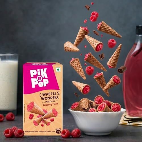 Image of Pik n Pop Raspberry Mini Waffle Cones 70g (Pack of 2), Crispy Cones with Creamy Raspberry Filling, Whole Wheat, Non-Meltable Ready-to-Eat Snack, 100% Eggless