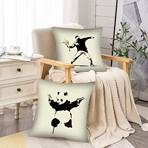 Tucocoo Banksy Art Cushion Covers Decorative 18 x 18 Inch (46 x 46 cm) Set of 4 Black and White Graffiti Street Pop Cushion Cover Outdoor Decorations Throw Pillows for Couch Sofa Bed Car Home Decor - Image 2