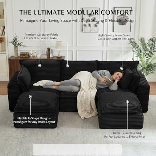 Image of 110 inch Boneless Couch, Modular Cloud Couch Sectional with 2 Ottomans - Double-Layer Memory Foam Deep Seat Couch, Oversized L Shaped Couch for Living Room (Corduroy)