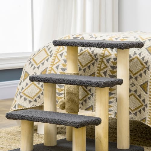 PawHut Katzentreppe 3-stufige Tiertreppe, 48 cm Haustiertreppe mit Sisalsäule, Hundetreppe mit Spielball, Einstieghilfe für hohe Betten, Kiefernholz, Grau+Natur