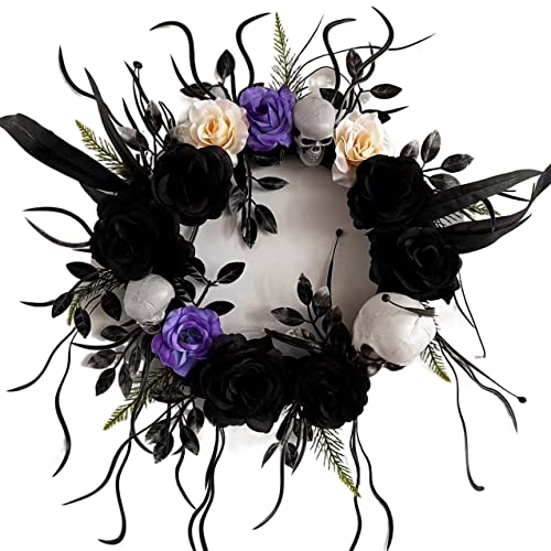 Roses noires artificielles et couronne de crâne gothique Halloween