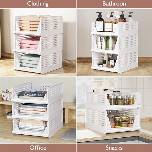 Image of flymore Stackable Plastic Closet Organizer Bins with Front Opening - Foldable Storage Drawers for Clothes, Towels, Toys, Kitchen & Office - Space Saving Shelf Baskets (Set of 2, White)