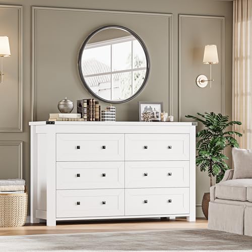 Image of BORNOON 6-Drawer Dresser, Modern Wooden Storage Chest of Drawers, Dresser TV Stand, Wood Drawer Organizer with Metal Handles for Bedroom, Living Room, Hallway