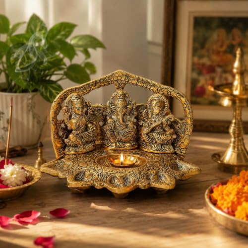 Image of Klassic Laxmi Ganesh Saraswati Idol Diya Oil Lamp | Elegant Metal Puja Deepak for Home Temple, Diwali Puja & Festive Decoration | Traditional Spiritual Showpiece & Gift Item (Pack of 1)