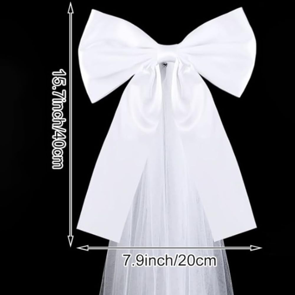 Weiß Satin Stuhlschleifen mit Tüllschwänzen Stuhlschärpe Hochzeitsschleifen Autoschleifen Schleife Stuhlbänder für Hochzeit Kirchenbänke Stuhl Auto Kirche Gang Deko 8 Stück