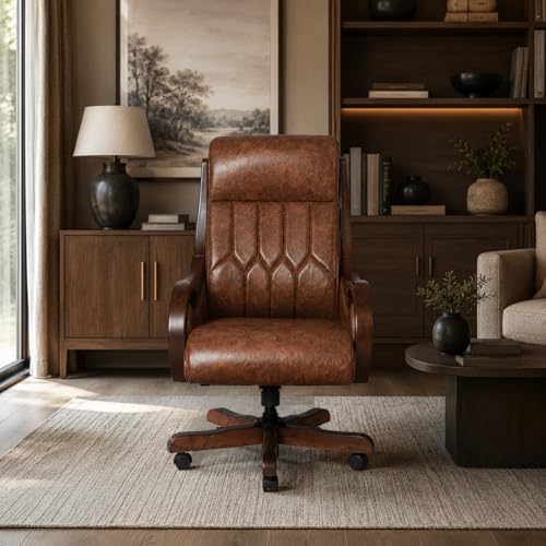 Image of LAKDI Furniture Premium Executive Office Chair for Home & Office | Leatherette Upholstery | Wooden Armrest & Base | High Back Ergonomic Revolving Chair with Wheels | 5 Year Warranty | Free Assembly