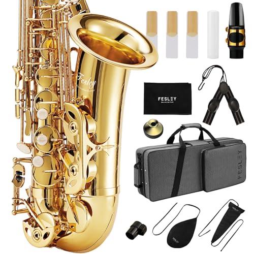 fesley saxophone e flat alto saxophone saxofn alto for professional sax for beginners amp students saxophones with reeds neck strap sax case amp portable cleaning kit gold