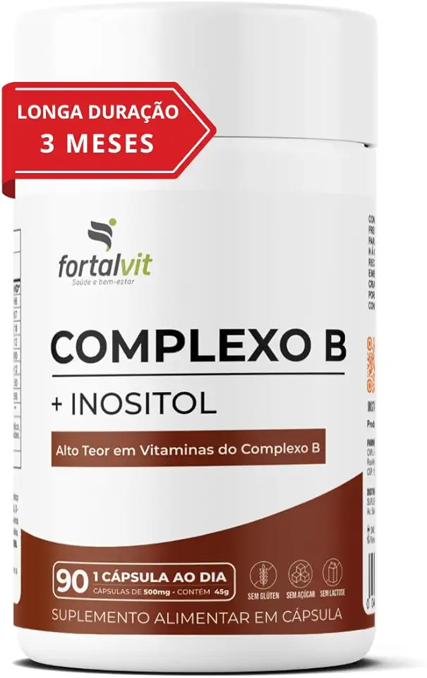 Complexo B + Inositol, Longa Duração: 3 Meses de Uso, 90 cápsulas, Alta Concentração - Vitaminas B1, B2, B3, B5, B6, B7, B9, B12 e Inositol, Fortalvit