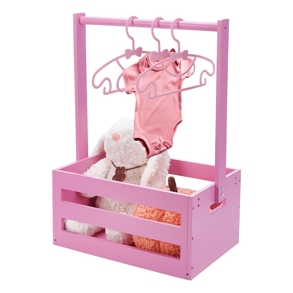 UNICRAFTALE Wooden Baby Shower Crate Closet Pink Baby Storage Crate Hamper Shower Party Basket with Handle with 8pcs Kids' Hanger Wood Hamper Welcome Babys Gifts for Pregnancy New Parents