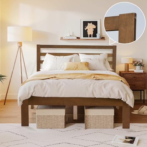 Full Size Wood Bed Frame with Headboard Paltform Bed with 10 Strong Wood Slats Natural Wood Brown Support No Box Spring Needed Heavy Duty Bed