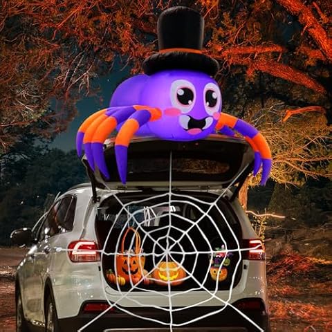 Trunk or Treat Car Decorations Kit, Halloween Decorations Outdoor Outside 5ft Inflatable Spider with Built-in LEDs, Trunk or Treat Decoration, Halloween Blow ups Yard Decoration Spider with Web Cover