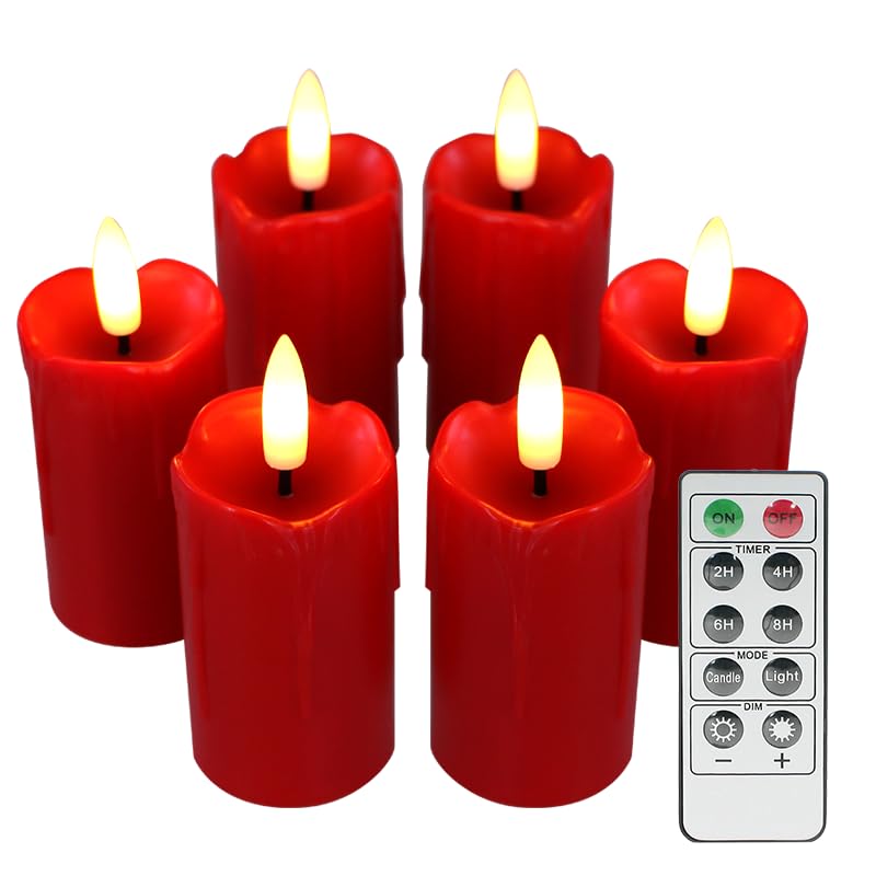 Image of QIDEA Flameless LED Red Votive Candles with Timer Drips Battery Operated Flickering Decorative Candle Lights for Xmas Christmas Wedding Party Decor, 3.5 inchx1.5 inch, 6-Pack
