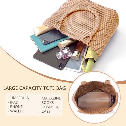 Image of Woven Tote Bag for Women, Fashion Woven Bags for Women Vegan Leather Shoulder Handbags Large Summer Beach Travel Bag