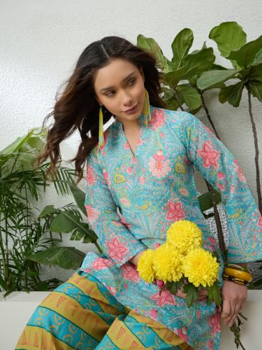 Image of EthnicJunction Women's Linen Floral Print Summer Wear Straight Short Kurti With Afghani Pant Set | Co Ord Set for Women Stylish | Fusion wear Women