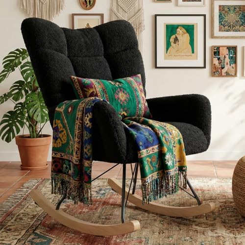 Clevich Schaukelstuhl Wohnzimmer, Schaukelsessel mit Teddystoff Gepolsterter, Holzkufen und Metallbeinen, für Wohnzimmer, Kinderzimmer, Schlafzimmer, Bis 136 kg Belastbar, Schwarz