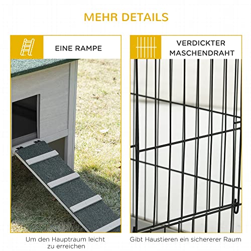 PawHut Kleintierstall Kleintierkäfig Meerschweinchenstall mit Freilauf Rampe Asphaltdach doppelstöckig Tannenholz Grau… – Bild 8