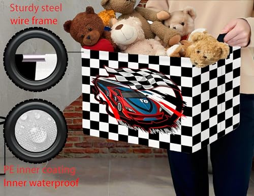 Image of Large Boys Checkered Basket Canvas Kids Toy Storage Bin Nursery Baby Organizing Decor (Check Racing Car)