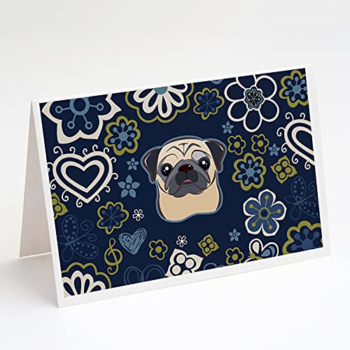 Caroline's Treasures BB5113GCA7P Blue Flowers Fawn Pug Greeting Cards and Envelopes Pack of 8 Blank Cards with Envelopes Whimsical A7 Size 5x7 Blank Note Cards