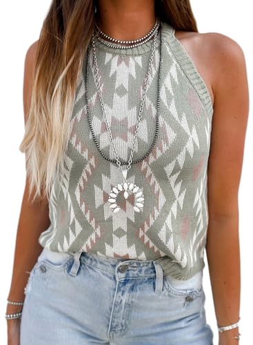 Image of MARZXIN Women Sleeveless Sweater Tank Round Neck Casual Aztec Geometric Knit Sweater Top