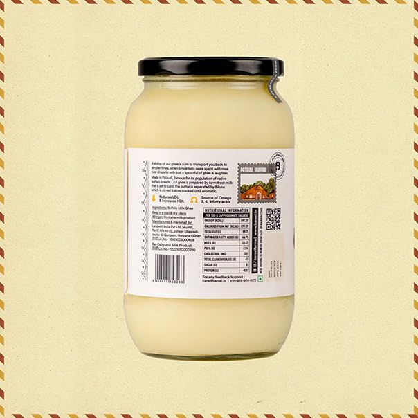 Image of BAROSI [Premium A2 Buffalo Ghee 1 Litre] Danedar Desi Ghee | Vedic Bilona Method | Grass-Fed | Curd-Churned | Cultured Ghee | Pure, Natural & Healthy (Glass Bottle 1000 ml) (Pack of 2)