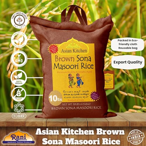 Asian Kitchen Brown Sona Masoori Aged Rice 10-Pound Bag, 10lbs (4.54kg) Short Grain Rice ~ All Natural | Gluten Friendly | Vegan | Indian Origin | Export Quality