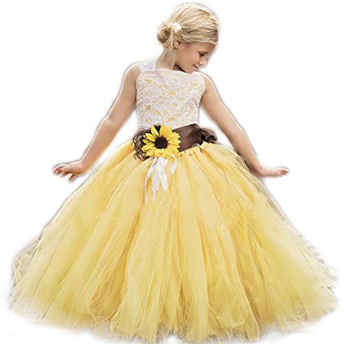 AnnaLin Yellow Tulle with Sunflower Belt Flower Girl Dress for Wedding Party Kids Prom Dress