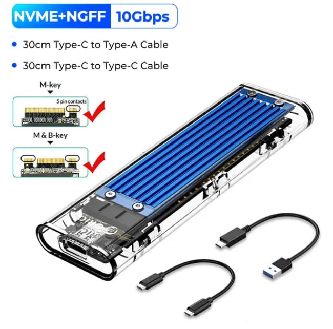 Case Externo Para SSD M2 Protocolo Duplo NVME/NGFF PCIe 10Gbps USB