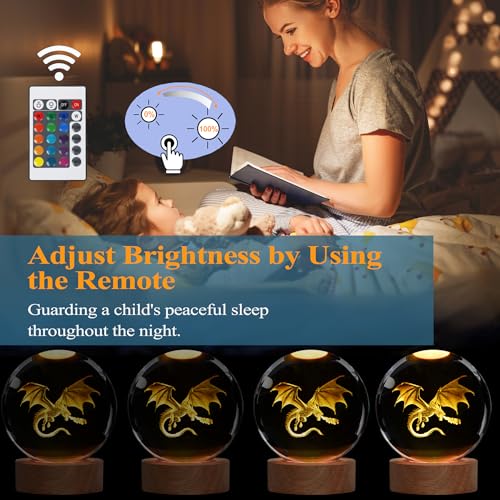 Image of Dragon Night Light, 3.15 Inch (80mm) K9 Crystal 3D Lamp with Remote 16 Color for Birthday Xmas Cool Figurines Dragon Gifts for Room Decor Boys Girls