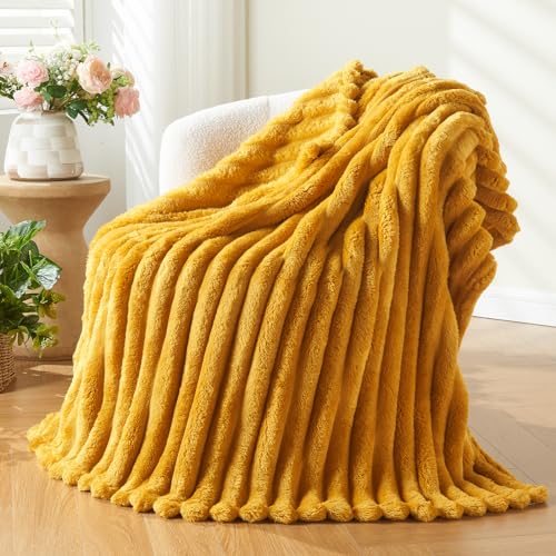 NEWCOSPLAY Super Soft Throw Blanket Mustard Yellow Premium Silky Flannel Fleece 3D Ribbed Jacquard Lightweight Bed Blanket All Season Use (Mustard Yellow Ribbed Throw(50x60))