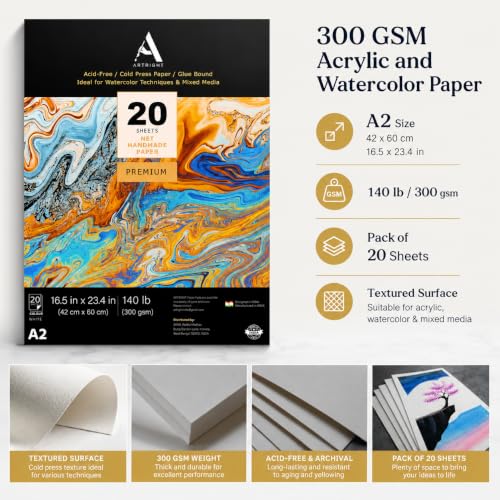 Image of ArtRight Artists' Acrylic Paper (A2 Pack of 20 Sheets, 300 GSM); 300 GSM Handmade Sheets for Gouache & Acrylic Media Papers