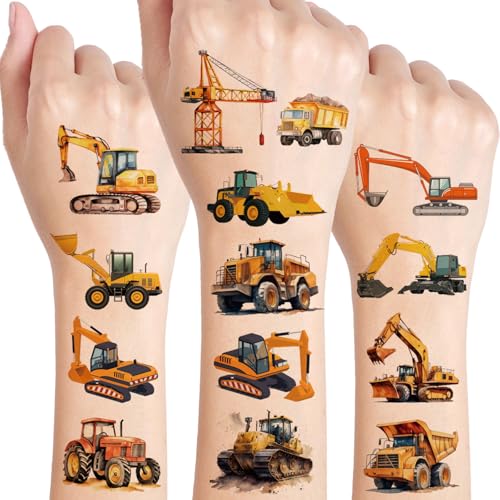 Engineering Vehicle Temporäre Tattoos 10 Blätter Baufahrzeug Tattoo Zum Aufkleben für Mädchen Junge Körper Arm Schulter Geburtstag Party Geschenk Kleine Kinder Tattoos Hautfreundlich
