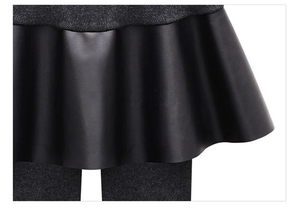 Thermoleggins Für Damen,Damen Thermal Leggings Fashion Plus Size Gefälschte Zwei Graue Pu-Leder Faltenrock Hoch Taillierte Leggings Dickes Fleece Gefüttert Dehnbare Hose Strumpfhose Für Winter O