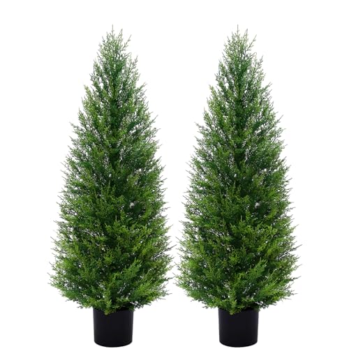 VIVATREES 2Pack 4ft Outdoor Artificial Cedar Topiary Trees, All-Weather Faux Pine for Home Porch...