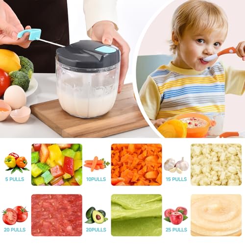 Manual Food Processor Vegetable Chopper, Portable Hand Pull String Garlic Mincer Onion Cutter for Veggies, Ginger, Fruits, Nuts, Herbs, etc., (900ml,Gray-blue) - Image 4