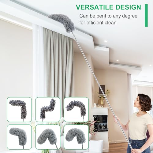 Image of 3 Pcs Extendable Microfiber Feather Duster, Electrostatic Bendable Head, Up to 100 Inch Feather Dusters for Cleaning Ceiling Fan, Cobweb, Wall, Furniture