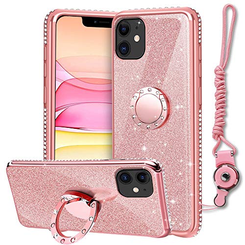 XTCASE Coque pour iPhone 11, Paillette Strass Brillante Glitter Étui avec Support Bague Bling Bling Souple Silicone TPU Housse avec Cordon de Collier - Or Rose