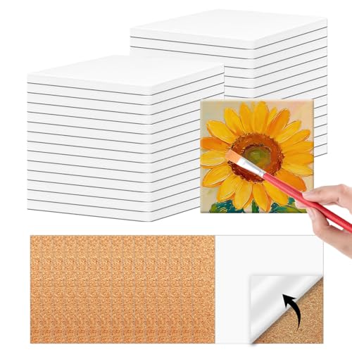 36 PCS Ceramic Tiles for Crafts and self-Adhesive Cork mat unglazed Ceramic Coasters for Crafts Use with Alcohol Ink or Acrylic Pouring Make Your Own DIY Coasters