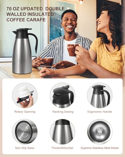 Image of 70Oz Thermal Coffee Carafe for keeping hot, 2 PCS Updated Carafe for hot liquid, Insulated Coffee Carafe Stainless Steel Thermal Pot for Coffee, Hot Water,Keep Hot 12 Hours (silver+silver)