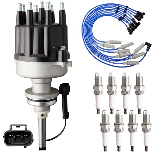MOAUTO Ignition Distributor w/Cap & Rotor and 8 Iridium Spark Plugs with Wire Set Tune Up Kit 4740339AB 84-3801 Compatible with Dodge B1500 B2500 B3500 1998 Dakota Durango Ram 1500 2500 3500 Van