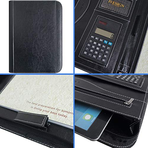 IVESIGN Faux Leather Portfolio Padfolio Organizer with Calculator, Writing Pad, Zipper Closure, Tablet Sleeve, Clipboard with Storage, Document Organizer, Business Card Holder, Note Pads-Black by IVESIGN - Image 5