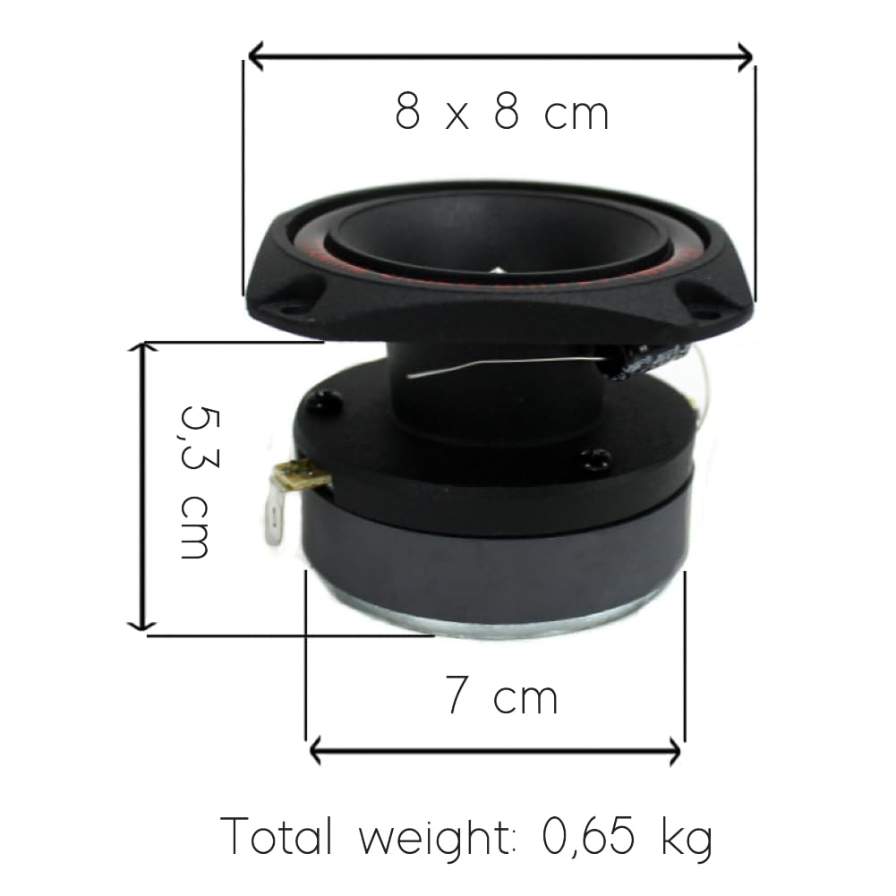 KIT SET PER PYRAMID TW44 1 super tweeter nero al titanio driver da 8 cm x 8 cm, 150 watt rms 300 watt max, per porte portiere sportelli auto, per gare spl, 1 pezzo + condensatore omaggio