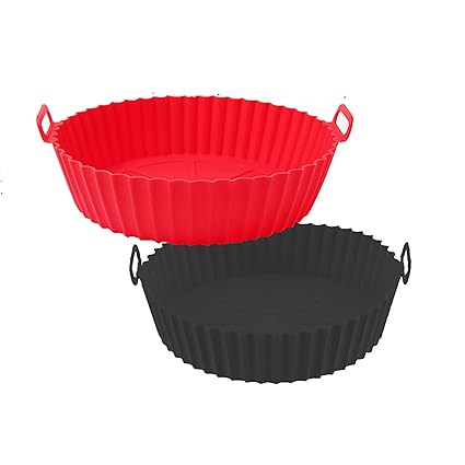 2 Pack Silicone Air Fryer Pot 8-inches Air Fryer Basket Bowl, Safety Food-Grade Air Fryer Accessories, Reusable Thickened Silicone Air Fryer Liners (Red & Black)
