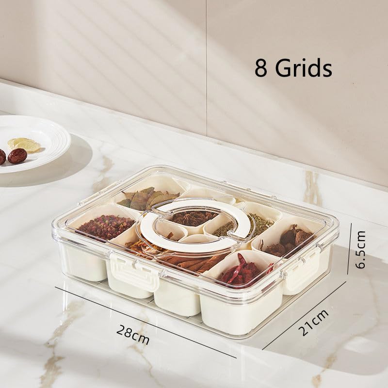Image of Divided Fridge Storage Box with 8 Compartment | Veggie Tray for Refrigerator Organizer with Lid Handle Removable Baskets | Fruit Storage Container Kitchen Organizer