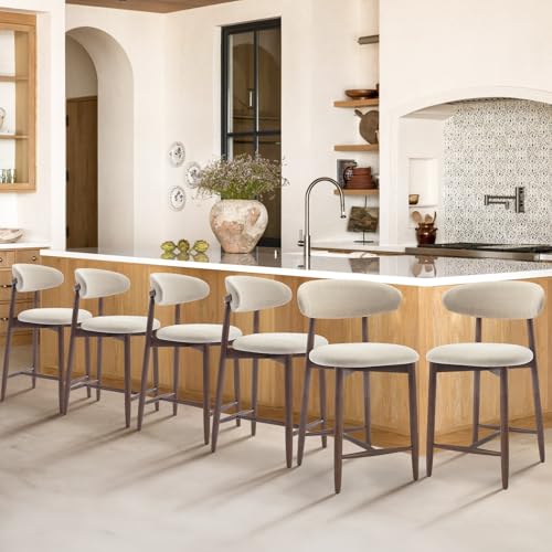 Image of COLAMY Upholstered Counter Height Bar Stools Set of 6, Kitchen Island Stools with Back, Modern Counter Stools Island Bar Chairs with Wood Legs for Kitchen Island Dining Room Bar, Beige