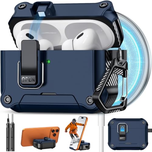 Image of Pohgelan for AirPods 2nd /1st Case with Safety Lock-Dark Blue | Magnetic Automatic Lock with Cleaning Kit&Keychain,Compatible with Magsafe