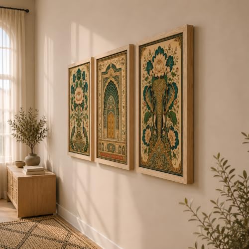 Image of NoWorries Elephant Peacock Wall Art Set of 3 Framed Prints | Indian Traditional Lotus Floral Painting, Royal Palace Arch Poster, Vintage Rajasthani Ethnic Wall Decor for Living Room Bedroom Home (Synthetic Engineered Wooden Frame) (MIN -5, 25x37 inches)