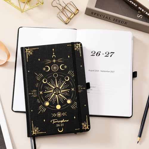 Kalender 2026 2027 - Terminplaner 2026 2027 von August 2026 bis September 2027, A5 Wochenplaner 26 27 mit Innentasche, Elastischer Verschluss, 21.3 x 14.7cm - Schwarz