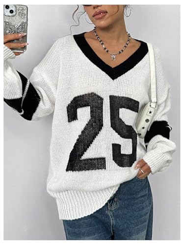 SOLY HUX Women's Oversized Sweater Letter Graphic V Neck Long Sleeve Drop Shoulder Knit Pullover Tops4