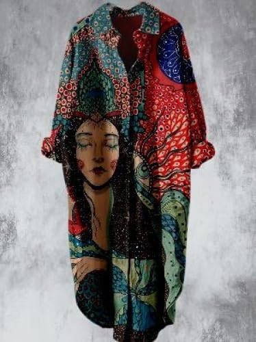 Women Casual Boho Floral Print Linen Maxi Dress Long Sleeve Button Down Lapel Loose Beach Vacation Flowy Shirt Dress - Image 2